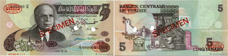 Country : TUNISIA 
Face Value : 5 Dinars Spécimen 
Date : 15 octobre 1973 
Perio...