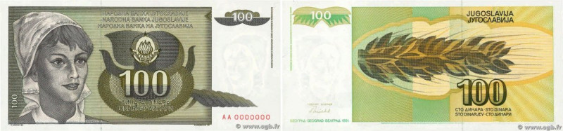 Country : YUGOSLAVIA 
Face Value : 100 Dinara Spécimen 
Date : 1991 
Period/Prov...