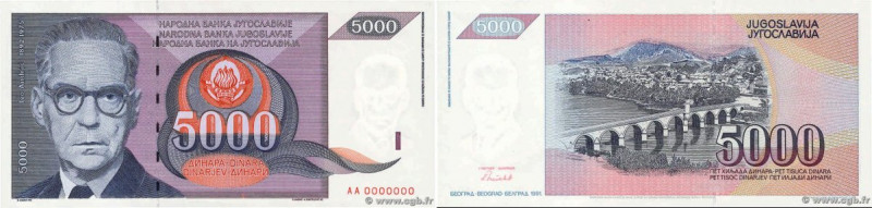 Country : YUGOSLAVIA 
Face Value : 5000 Dinara Spécimen 
Date : 1991 
Period/Pro...