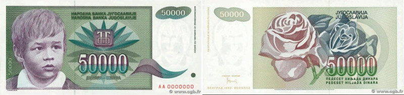 Country : YUGOSLAVIA 
Face Value : 50000 Dinara Spécimen 
Date : 1992 
Period/Pr...