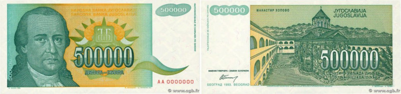 Country : YUGOSLAVIA 
Face Value : 500000 Dinara Spécimen 
Date : 1993 
Period/P...