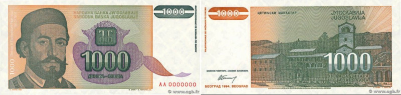 Country : YUGOSLAVIA 
Face Value : 1000 Dinara Spécimen 
Date : 1994 
Period/Pro...