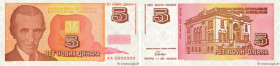 Country : YUGOSLAVIA 
Face Value : 5 Novih Dinara Spécimen 
Date : 01 janvier 1994 
Period/Province/Bank : Banque Nationale 
Catalogue reference : P.1...