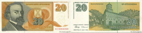 Country : YUGOSLAVIA 
Face Value : 20 Novih Dinara Spécimen 
Date : 03 mars 1994 
Period/Province/Bank : Banque Nationale 
Catalogue reference : P.150...