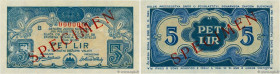 Country : YUGOSLAVIA 
Face Value : 5 Lira Spécimen 
Date : 12 mars 1944 
Period/Province/Bank : Banque de Slovenie 
Catalogue reference : P..114 
Alph...