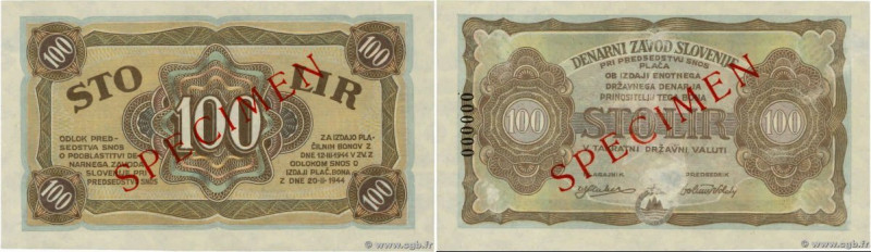 Country : YUGOSLAVIA 
Face Value : 100 Lira Spécimen 
Date : 12 mars 1944 
Perio...