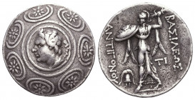 Kingdom of Macedon. Antigonos II Gonatas AR Tetradrachm. Amphipolis mint. Circa 274-260 BC. Obv: Horned head of Pan to left, lagobolon over shoulder, ...