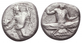 Cilicia, Mallos AR Stater. Tiribazos, satrap. Circa 386-380 BC. 
Obv: Ahura-Mazda, body terminating in solar disk, holding wreath and lotus blossom; ...