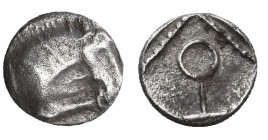 Cilicia. Tarsos circa 400-386 BC.
Obol AR,
Forepart of horse left / Persian monogram (dynastic) in square dotted border within shallow incuse circle...