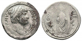Hadrian (AD 117-138). AR cistophorus Sardes, after AD 128. HADRIANVS-AVGVSTVS P P, bare head of Hadrian right / COS-III, cult statue of Kore facing; s...