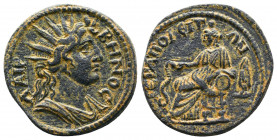 PHRYGIA, Hierapolis. Pseudo-autonomous issue. temp. Antonines, AD 138-192. Æ . Radiate and draped bust of Apollo Lairbenos right / Hygieia seated left...
