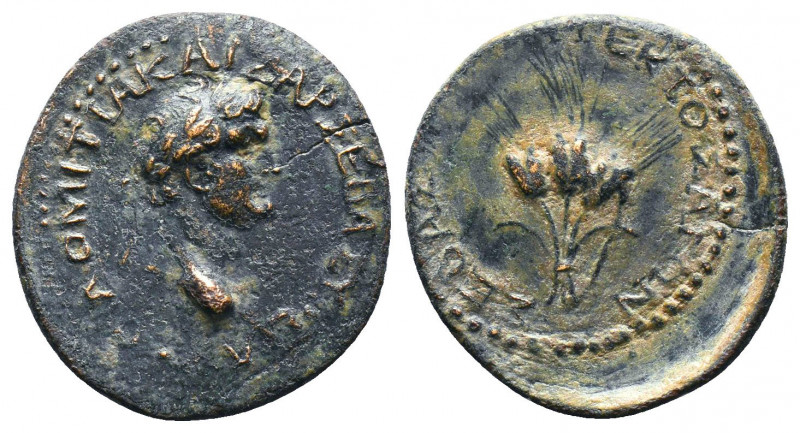 GALATIA, Ancyra. Domitian. As Caesar, AD 69-81. Æ. Laureate head right / Three g...