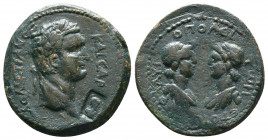 CILICIA, Flaviopolis. Domitian. 81-96 AD. Æ. Dated year 17 (89/90 AD). Laureate head right; countermark: bust of Athena right in incuse square / Confr...