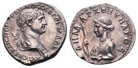 CAPPADOCIA, Caesarea. Trajan. AD 98-117. AR Drachm. Dated Cos. 6 (AD 112-117). Laureate bust right, slight drapery on left shoulder / ΔHMAΡ. EΞ ΥΠATO ...