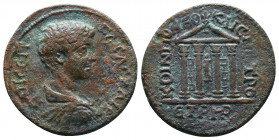 Caracalla Æ of Neocaesarea, Pontos. AD 198-217. [AY KAI MAYPHA] ANTΩNINOC, laureate head right / KOIΠON NԐO KAI MHTPO, tetrastyle temple; ET PMR in e....
