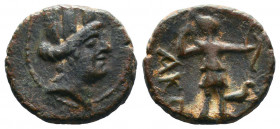 PHRYGIA, Nakoleia. 1st century BC. Æ. Turreted bust of Tyche right / Artemis standing right, drawing arrow from quiver and holding bow; hound at side....