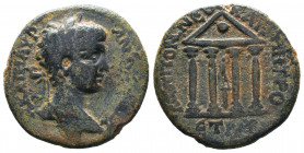 Caracalla Æ of Neocaesarea, Pontos. AD 198-217. [AY KAI MAYPHA] ANTΩNINOC, laureate head right / KOIΠON NԐO KAI MHTPO, tetrastyle temple; ET PMR in e....