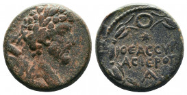 SYRIA, Cyrrhestica. Hierapolis. Marcus Aurelius. AD 161-180. Æ. Laureate head left / ΘЄAC CYPI/AC IЄPOΠ; A below; all within laurel wreath. Butcher 31...