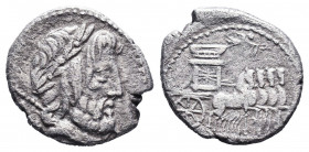 L. Calpurnius Piso Frugi (90 BC) Denarius Rome.Laureate head of Jupiter, DOSSEN.Rv. Triumphal quadriga, side panel with thunderbolts, Victory above. C...
