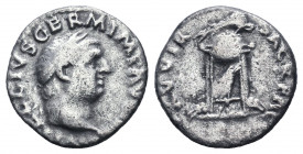 VITELLIUS, A.D. 69. AR Denarius, Rome Mint. "A VITELLIVS GERMANICVS IMP", laureate bust of Vitellius facing right; Reverse: ".V VIR SACR FAC", tripod-...