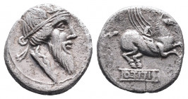 Q. Titius. Denarius 90, AR . Head of Mutinus Titinus r., wearing winged diadem. Rev. Pegasus prancing r.; below, Q·TITI in linear frame. Babelon Titia...