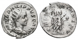 Philip II, as Caesar AD 244-246. Struck AD 245. Rome Antoninianus AR.

Weight:4,8 gr
Diameter:21 mm
