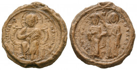 Imperial lead seal of 
Constantinos Doukas (1059-1067).
An interesting historically rare seal!
Obverse: Christ Emmanuel seated on a lyre-backed thr...