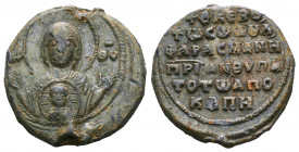 Byzantine lead seal of 
Pharasmanes Apokapes, patrikios and anthypatos
(11th cent.).
Obv.: Facial bust of the Mother of God orans, wearing chiton a...