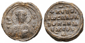 Byzantine lead seal of John spatharokandidatos with saint John Chrysostom
(11th cent.). 
A beautiful rare piece!
Obverse: Facial bust of saint John...