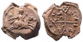 Byzantine lead seal of Andreas cubicularius
(6th cent.). 
Obverse: A man with long hair (seemingly the owner of the seal) riding on a horse to right...