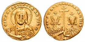 Constantinus VII, AD 913-959 Porphyrogenitus, with Romanus II,
Solidus, Constantinopolis AD 945-959. Av.: Nimbate and draped bust of Christ facing, h...