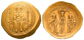 Eudocia, with Michael VII and Constantius. 1067. AV Histamenon Nomisma. Constantinople mint. +IҺS .IS RЄ. RЄCNANTIҺm, Christ Pantokrator enthroned fac...