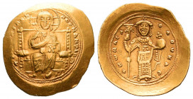 Costantine . (1059-1067), Histamenon nomisma, Costantinople, AD 1059-1067, AV,
IHS .IS RE. REGNANTIYM, facing enthroned Christ, Rv. Constantine, bear...