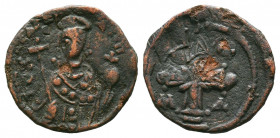 Alexius AE Tetarteron, 1081-1118 AD. Thessalonica. TW KOMHN, crowned facing bust of Ale.ius, wearing loros, holding cross-tipped sceptre and cross on ...