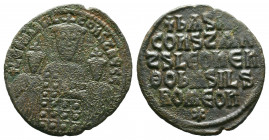 Basil I, Leo VI and Constantine VII, AE follis. Constantinople. LEON bASIL S CONST AVGG, Basil I, crowned, with short beard, wearing loros, holding ak...