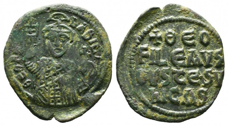 Theophilus AE Follis. 830-842 AD. Constantinople. ThEOFIL' bASIL' CL, crowned, t...