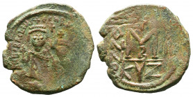 Heraclius and Heraclius Constantine, AE Follis, Kyzikos, facing busts of Heraclius on left and Heraclius Constantine on right, both wearing crown with...