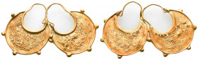 Pair of Byzantine large Decorated Gold Ear rings, 8th - 9th century AD,
Crescent in form with an openwork design composed of two confronted peacocks,...