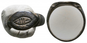 Roman Solid Silver Ring with Evil Eye Decoration on bezel , Circa 1st - 2nd Century AD.

Weight: 3.0 gr
Diameter: 19 mm