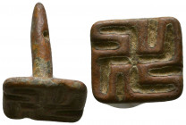 Indus Valley Stamp Seal with Swastika. 1st millennium BC. A bronze stamp seal with square plate and shank, voided swastika motif..

Weight: 9.8 gr
...