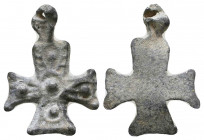 Byzantine Bronze Cross Pendant , Circa 6th - 9th century AD.

Weight: 5.1 gr
Diameter: 33 mm