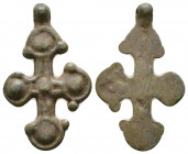 Byzantine Bronze Cross Pendant , Circa 6th - 9th century AD.

Weight: 10.4 gr
Diameter: 48 mm
