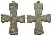 Byzantine Bronze Cross Pendant , Circa 6th - 9th century AD.

Weight: 6.7 gr
Diameter: 40 mm