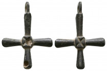 Byzantine Bronze Cross Pendant , Circa 6th - 9th century AD.

Weight: 6.2 gr
Diameter: 38 mm