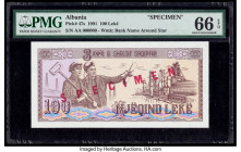 Albania Banka e Shtetit Shqiptar 100 Leke 1991 Pick 47s Specimen PMG Gem Uncirculated 66 EPQ. Red Specimen overprints are present on this example.

HI...