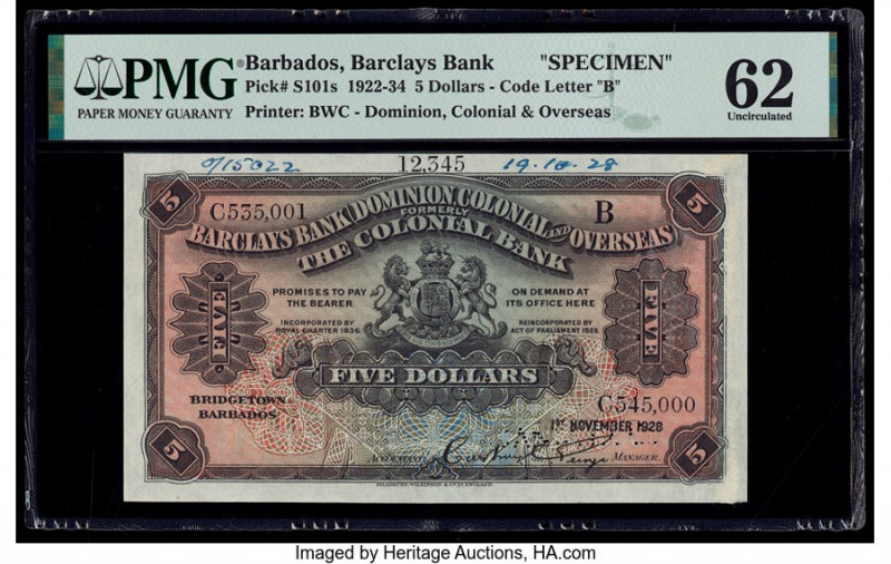 Barbados Barclays Bank 5 Dollars 1.11.1928 Pick S101s Specimen PMG Uncirculated ...