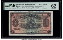 Barbados Barclays Bank 5 Dollars 1.11.1928 Pick S101s Specimen PMG Uncirculated 62. Roulette cancelled punch and previous mounting are present on this...