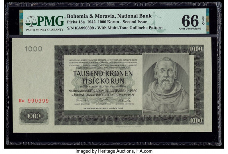 Bohemia and Moravia National Bank 1000 Korun 1942 Pick 15a PMG Gem Uncirculated ...