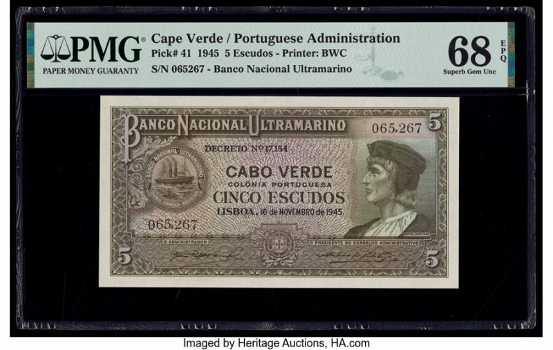 Cape Verde Banco Nacional Ultramarino 5 Escudos 16.11.1945 Pick 41 PMG Superb Ge...