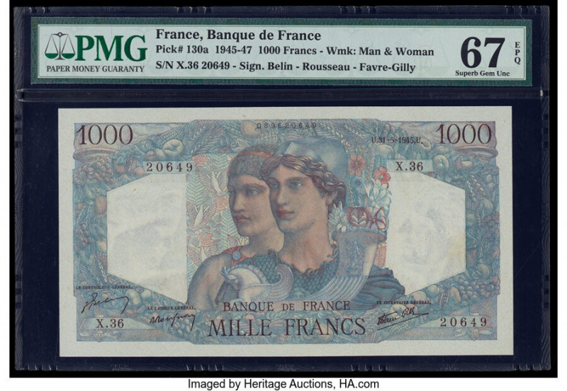 France Banque de France 1000 Francs 31.5.1945 Pick 130a PMG Superb Gem Unc 67 EP...